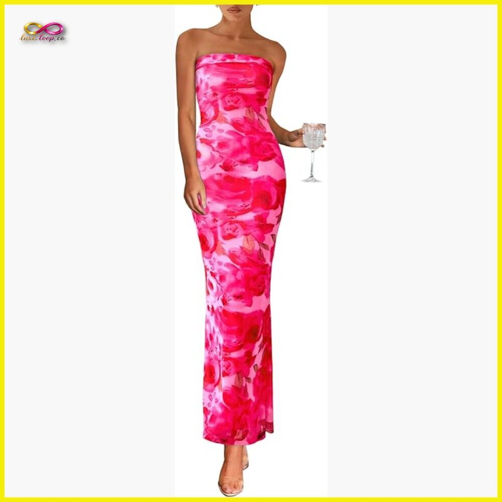 Floral Tube Maxi Dress Bodycon Strapless Summer Beach Vacation Formal